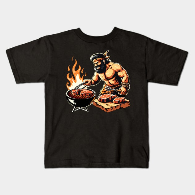 Funny BBQ Caveman Kids T-Shirt by CeeGunn